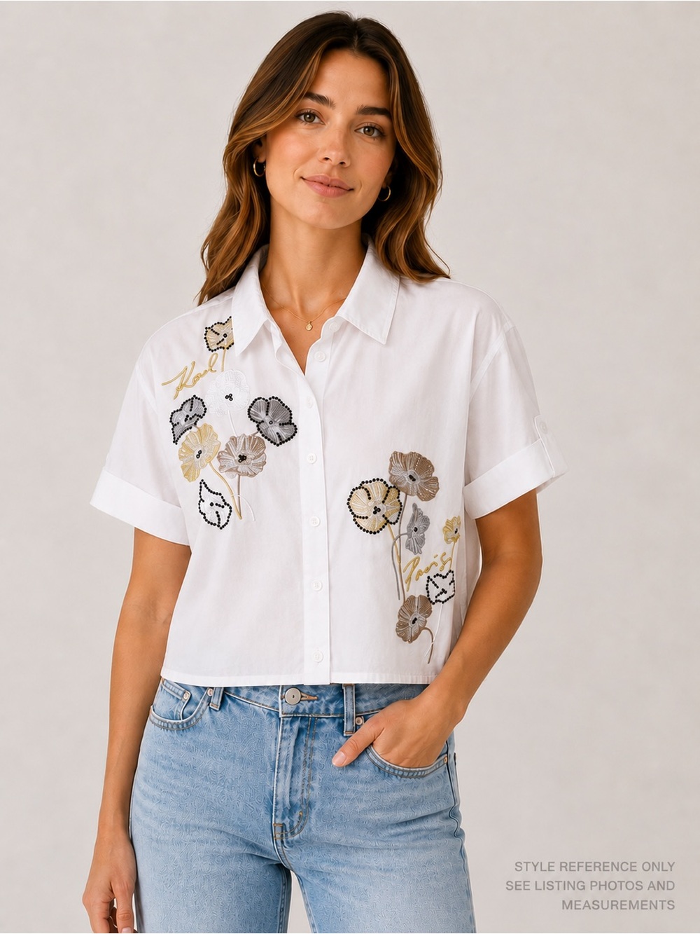 Karl Lagerfeld Paris Embroidered Floral Camp Shirt White XS Limited Edition